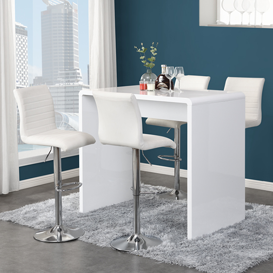 Photo of Glacier white high gloss bar table with 4 ripple white stools