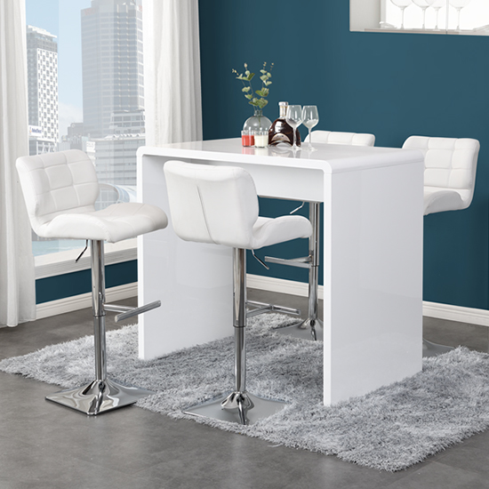 Read more about Glacier white high gloss bar table with 4 candid white stools