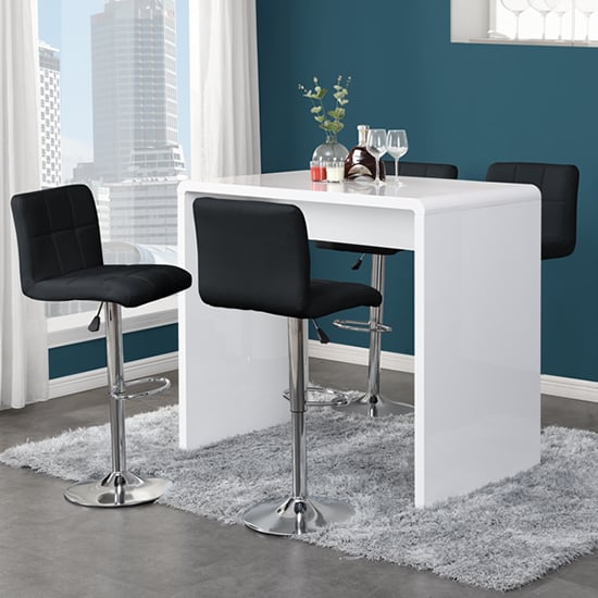 Photo of Glacier white high gloss bar table with 4 coco black stools