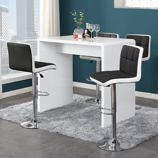 Product photograph of Glacier White High Gloss Bar Table 4 Copez Black White Stools from Furniture in Fashion