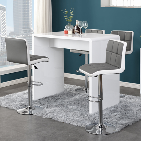 Product photograph of Glacier White High Gloss Bar Table 4 Copez Grey White Stools from Furniture in Fashion