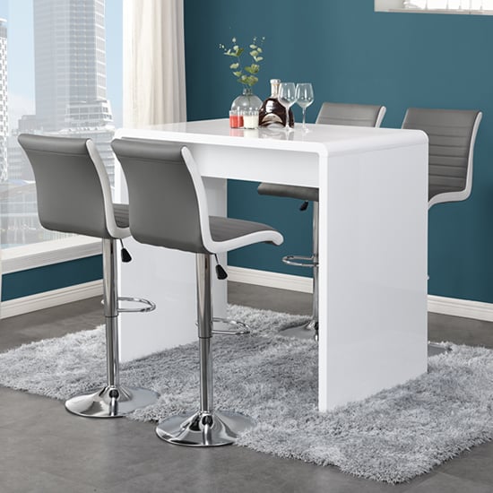 Product photograph of Glacier White High Gloss Bar Table 4 Ritz Grey White Stools from Furniture in Fashion