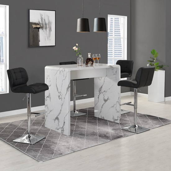 Photo of Glacier diva marble effect gloss bar table 4 candid black stool