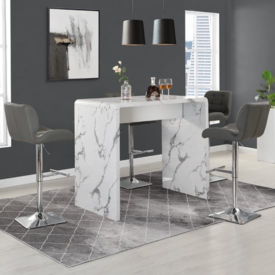 Read more about Glacier diva marble effect gloss bar table 4 candid grey stools