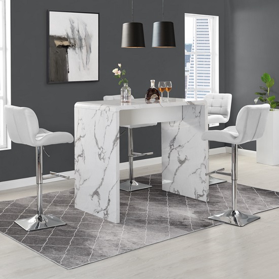 Product photograph of Glacier Diva Marble Effect Gloss Bar Table 4 Candid White Stool from Furniture in Fashion