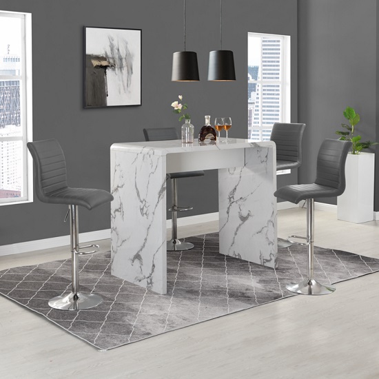 Glacier Diva Marble Effect Gloss Bar Table 4 Ripple Grey Stools