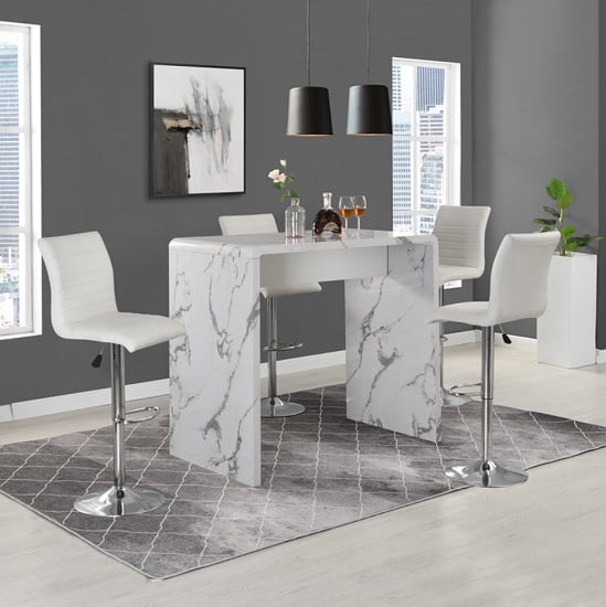 Product photograph of Glacier Diva Marble Effect Gloss Bar Table 4 Ripple White Stool from Furniture in Fashion