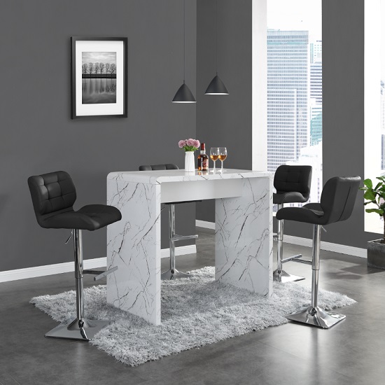 Glacier Vida Marble Effect Gloss Bar Table 4 Candid Black Stool