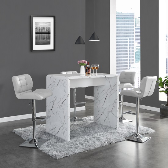 Glacier White High Gloss Bar Table With 4 Ripple Grey Stools