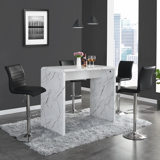 Product photograph of Glacier Vida Marble Effect Gloss Bar Table 4 Ripple Black Stool from Furniture in Fashion