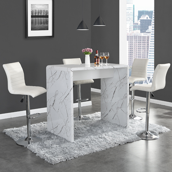 Product photograph of Glacier Vida Marble Effect Gloss Bar Table 4 Ripple White Stool from Furniture in Fashion