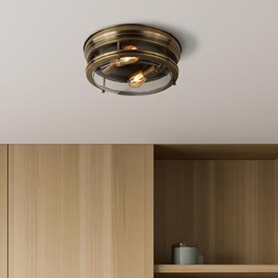 Product photograph of Glasgow 2 Lights Glass Flush Ceiling Light In Antique Brass from Furniture in Fashion