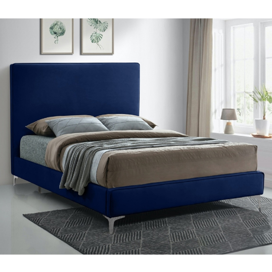 Photo of Glenmoore plush velvet upholstered king size bed in blue