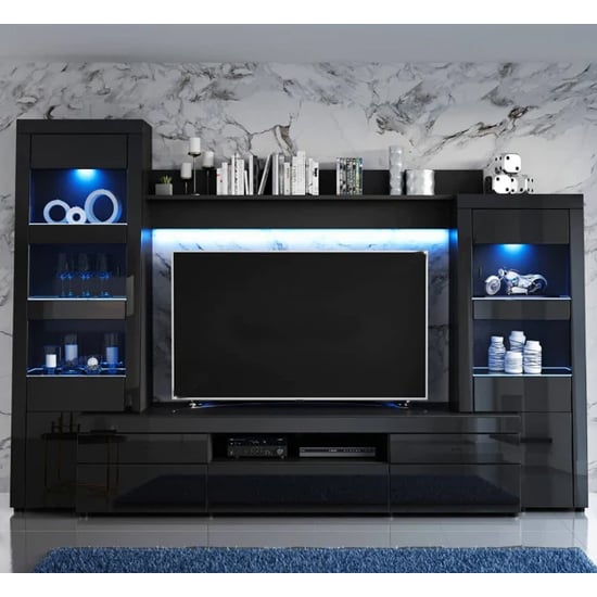 Photo of Glens high gloss wall entertainment unit in black with led