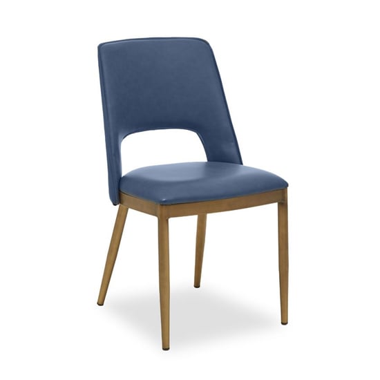 Photo of Glidden blue leather dining chairs with brass legs in pair