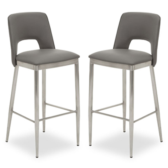 Glidden Grey Leather Bar Chairs With Silver Legs In A Pair