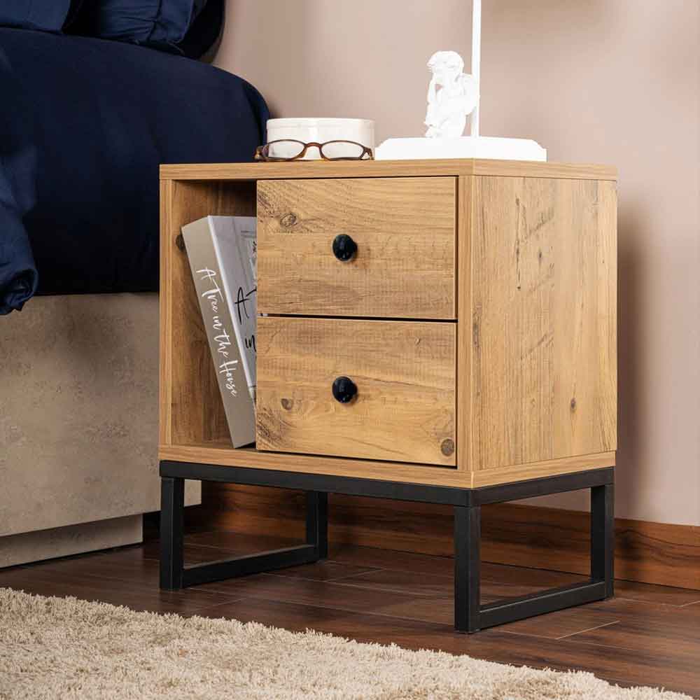 Glimen Wooden Bedside Cabinet with 2 Drawers 1 Shelf in Atlantic Pine and Black
