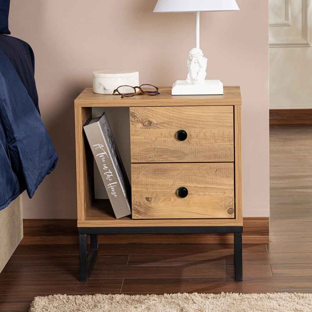 Glimen Wooden Bedside Cabinet with 2 Drawers 1 Shelf in Atlantic Pine and Black