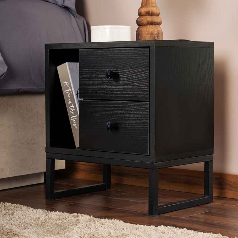Glimen Wooden Bedside Cabinet with 2 Drawers 1 Shelf in Black