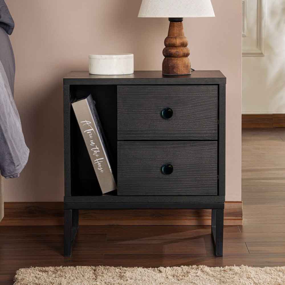 Glimen Wooden Bedside Cabinet with 2 Drawers 1 Shelf in Black