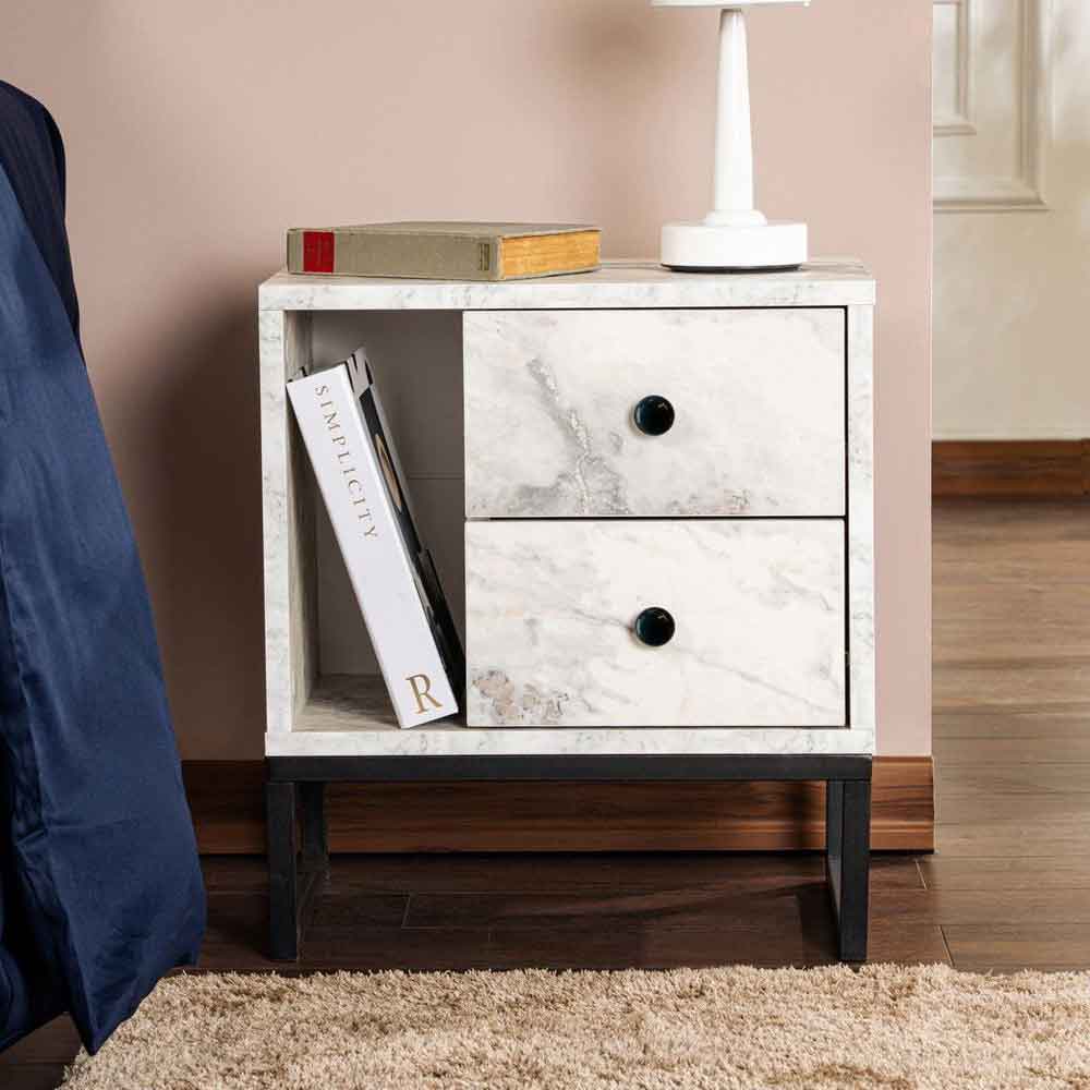 Glimen Wooden Bedside Cabinet with 2 Drawers 1 Shelf in Freesia Marble and Black