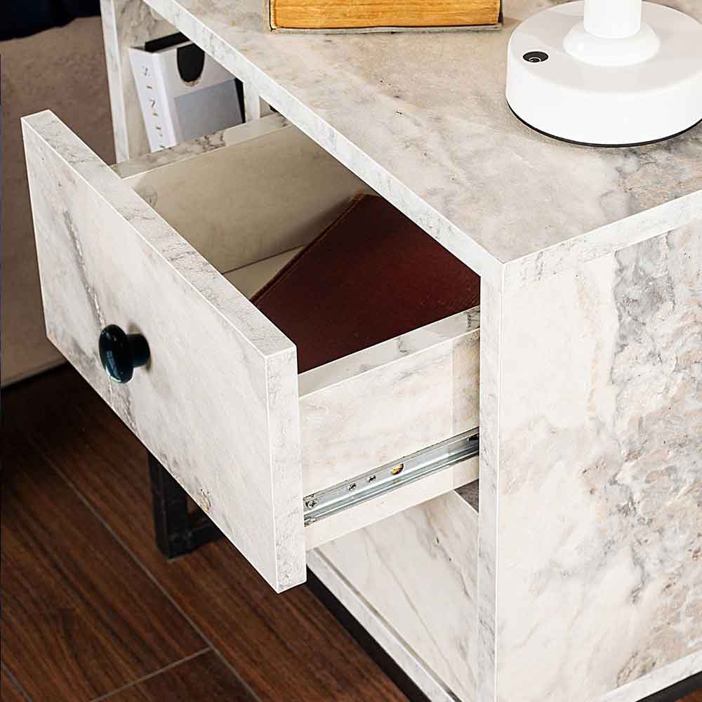 Glimen Wooden Bedside Cabinet with 2 Drawers 1 Shelf in Freesia Marble and Black