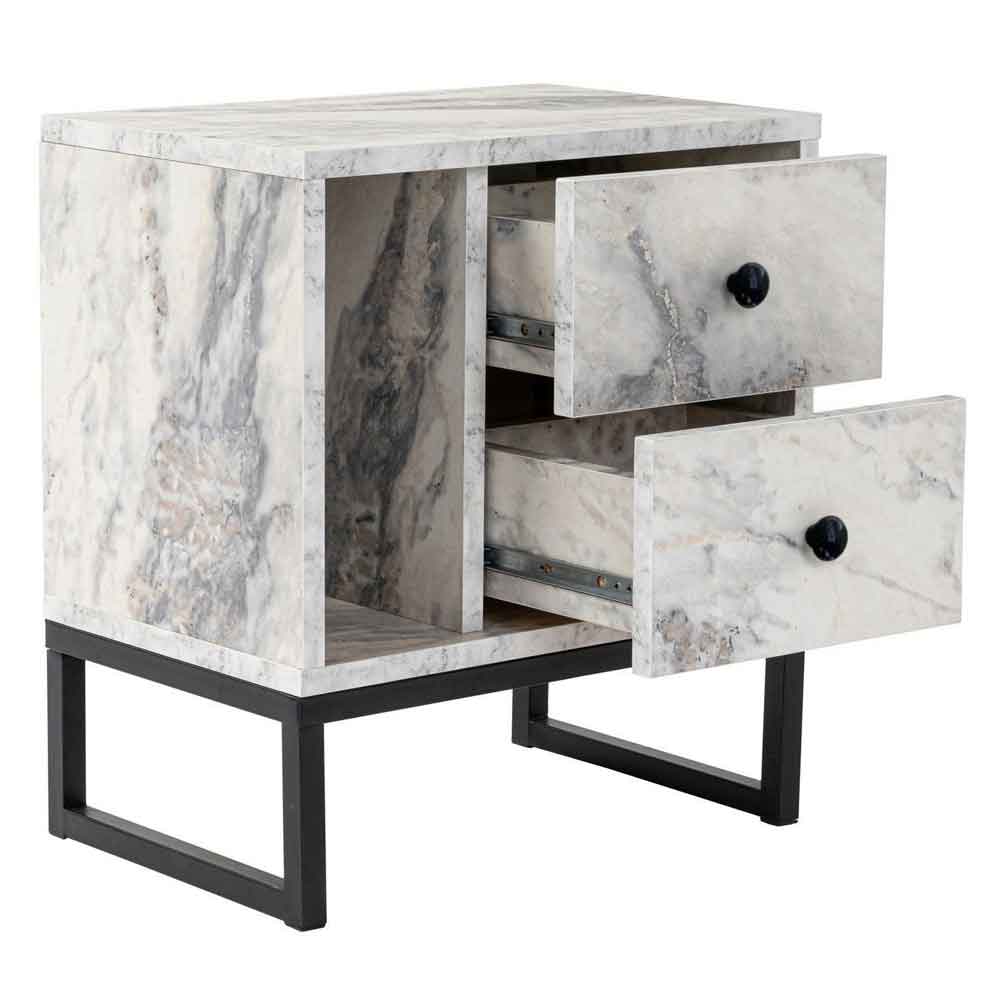 Glimen Wooden Bedside Cabinet with 2 Drawers 1 Shelf in Freesia Marble and Black