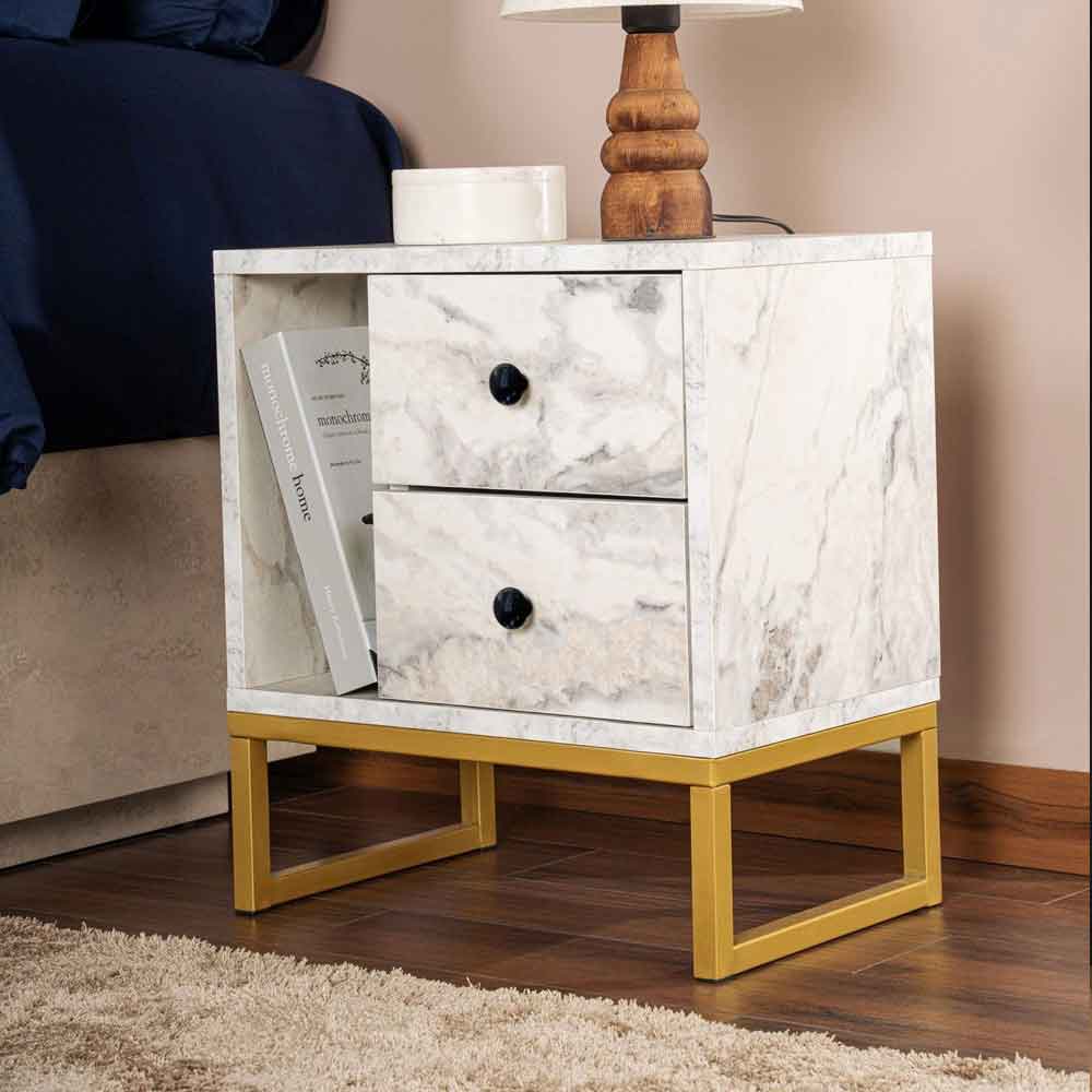Glimen Wooden Bedside Cabinet with 2 Drawers 1 Shelf in Freesia Marble and Gold