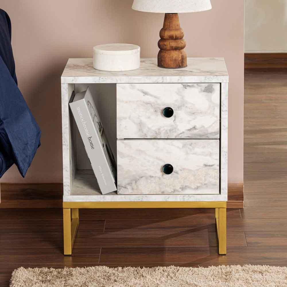 Glimen Wooden Bedside Cabinet with 2 Drawers 1 Shelf in Freesia Marble and Gold