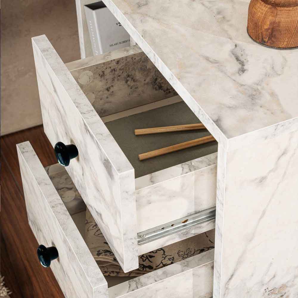 Glimen Wooden Bedside Cabinet with 2 Drawers 1 Shelf in Freesia Marble and Gold