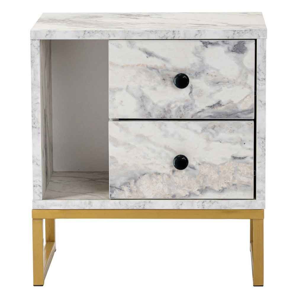 Glimen Wooden Bedside Cabinet with 2 Drawers 1 Shelf in Freesia Marble and Gold