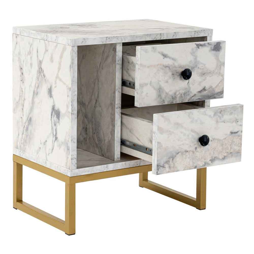 Glimen Wooden Bedside Cabinet with 2 Drawers 1 Shelf in Freesia Marble and Gold