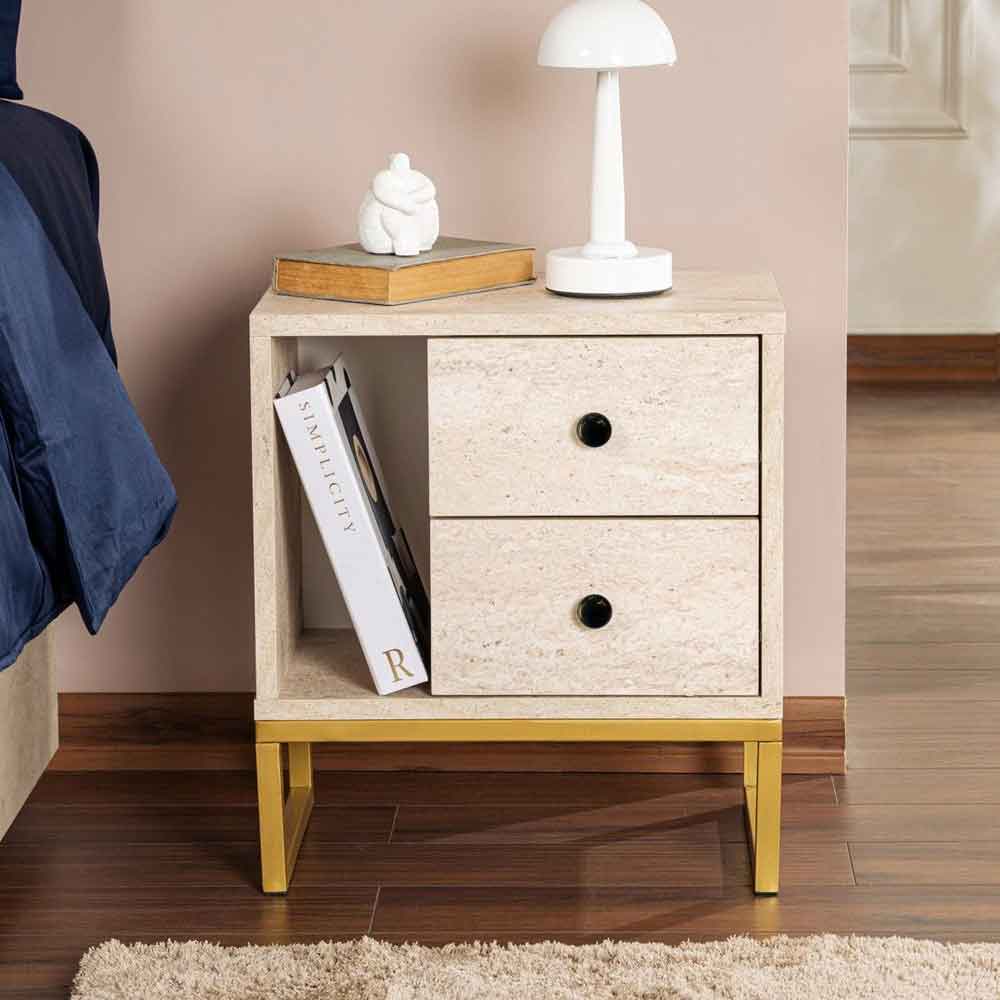 Glimen Wooden Bedside Cabinet with 2 Drawers in Travertine Marble Effect and Gold