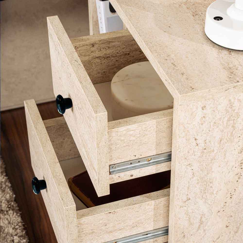 Glimen Wooden Bedside Cabinet with 2 Drawers in Travertine Marble Effect and Gold