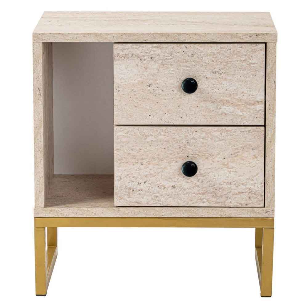 Glimen Wooden Bedside Cabinet with 2 Drawers in Travertine Marble Effect and Gold
