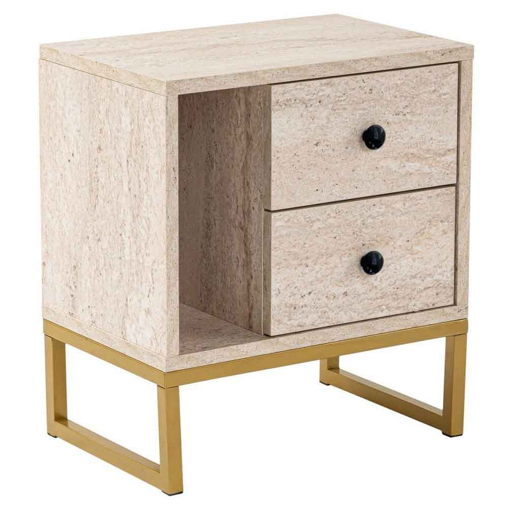 Glimen Wooden Bedside Cabinet with 2 Drawers in Travertine Marble Effect and Gold