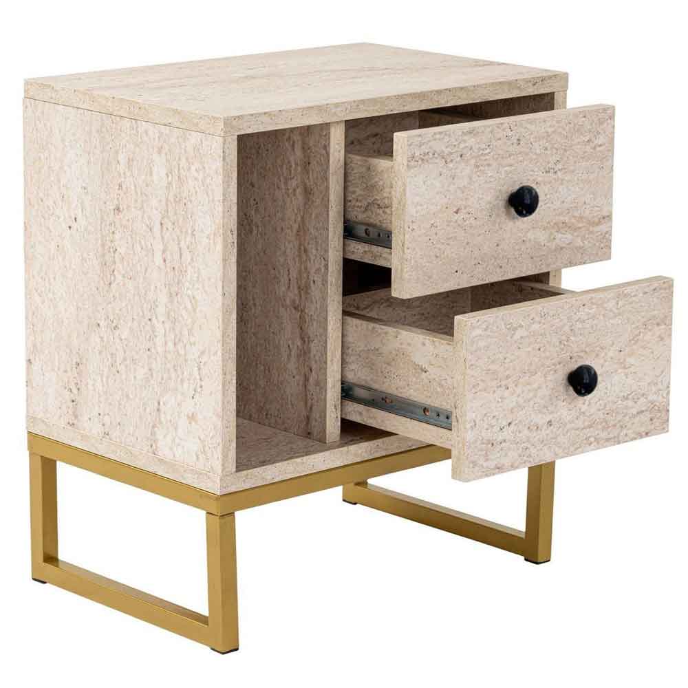 Glimen Wooden Bedside Cabinet with 2 Drawers in Travertine Marble Effect and Gold