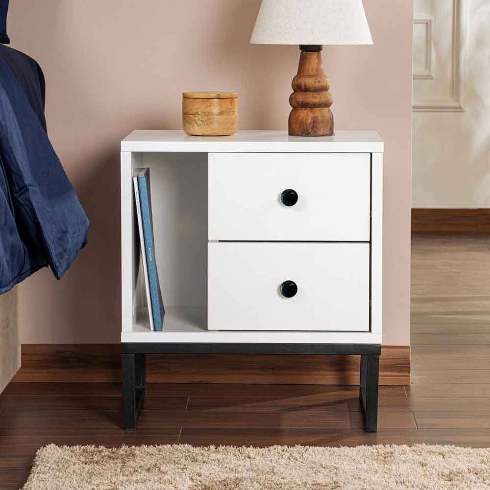 Glimen Wooden Bedside Cabinet with 2 Drawers 1 Shelf in White and Black