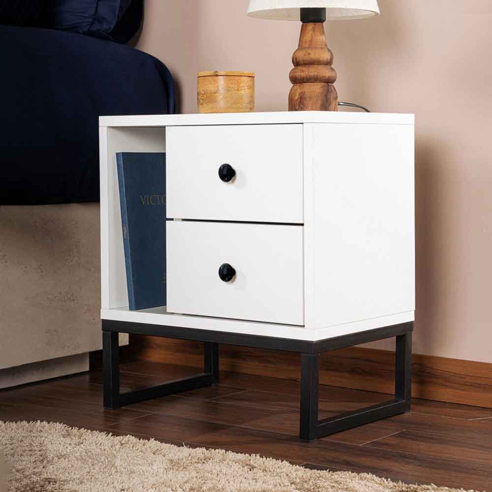 Glimen Wooden Bedside Cabinet with 2 Drawers 1 Shelf in White and Black