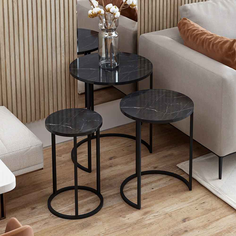 Glion Wooden Nesting Side Table with Metal Frame in Black