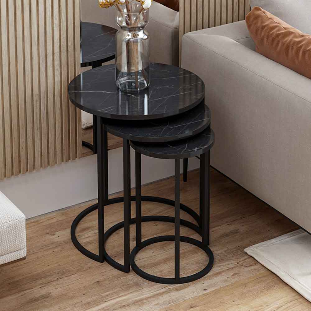 Glion Wooden Nesting Side Table with Metal Frame in Black