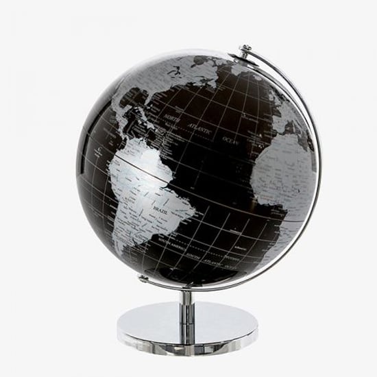 Product photograph of Globe Plastic Small World In Black And Silver With Metal Base from Furniture in Fashion