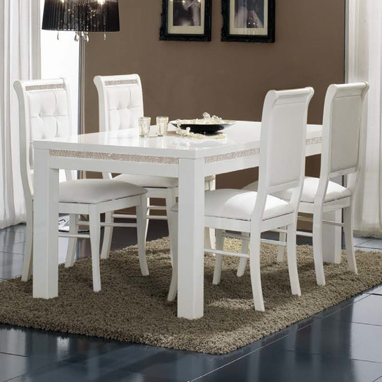 Product photograph of Gloria Crystal Details Gloss White Dining Table With 4 Chairs from Furniture in Fashion