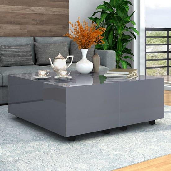 Glyn 100cm High Gloss Storage Coffee Table And Castors In Grey