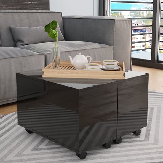 Read more about Glyn 60cm high gloss storage coffee table and castors in black