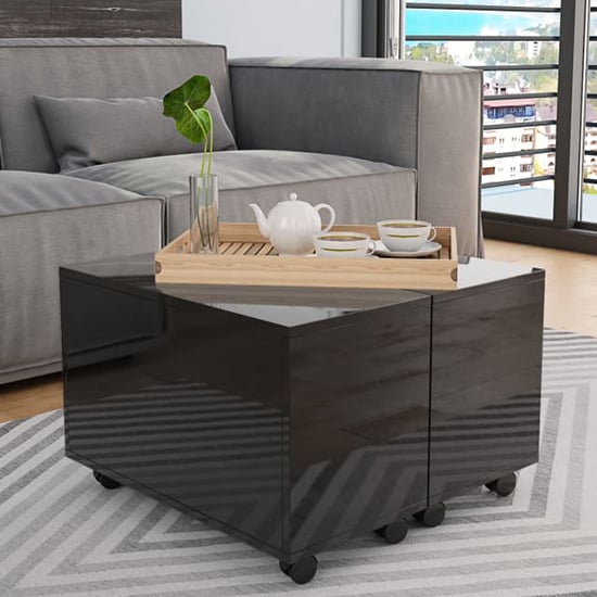 Product photograph of Glyn 60cm High Gloss Storage Coffee Table And Castors In Black from Furniture in Fashion