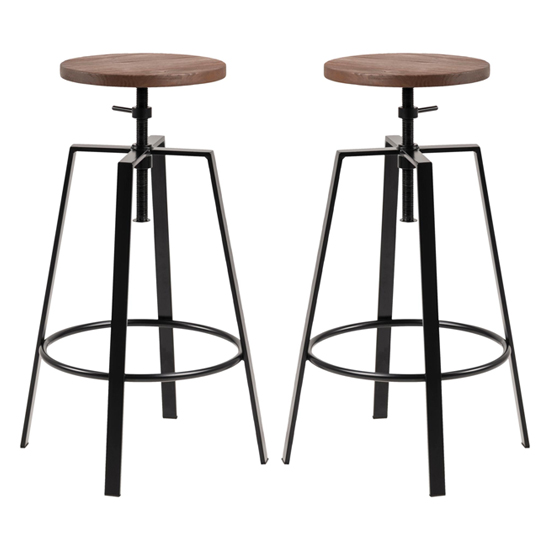 Goliad Round Elm Wooden Bar Stools In Pair