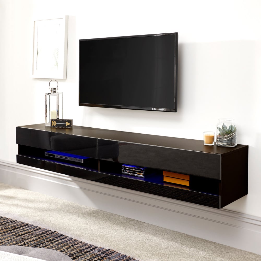 Goole Large Wall Hung High Gloss TV Stand In Black With LED