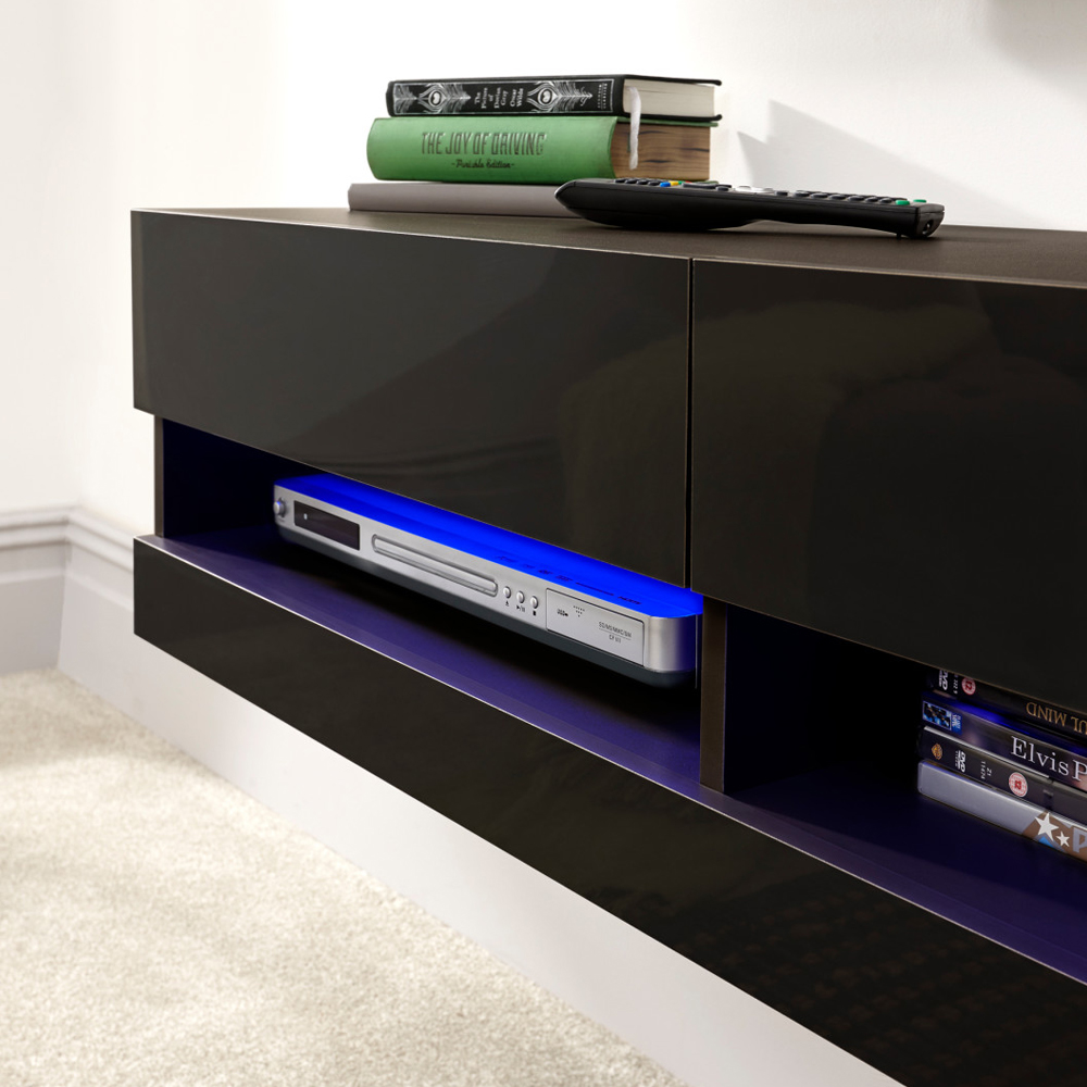 Goole Large Wall Hung High Gloss TV Stand In Black With LED