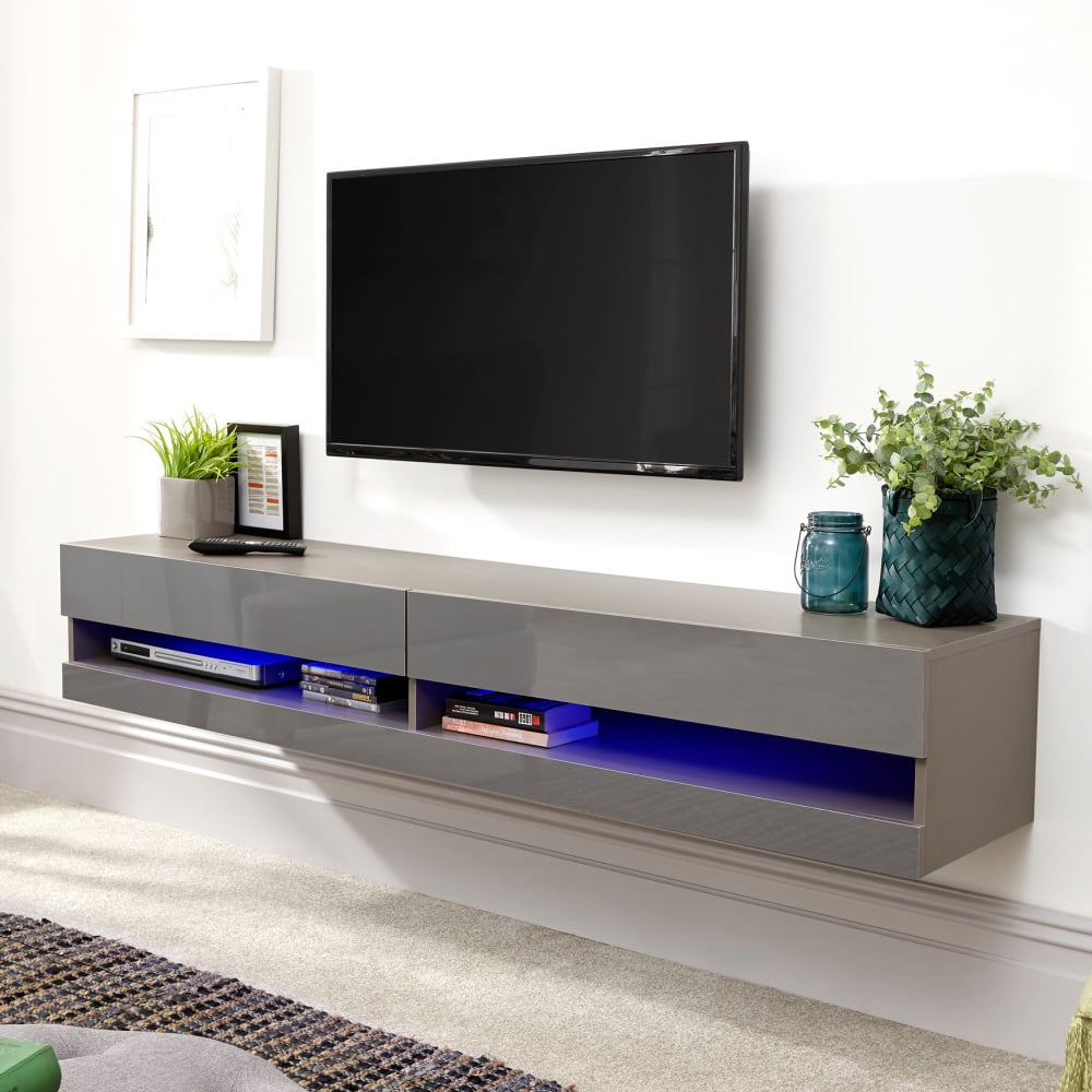 Goole Large Wall Hung High Gloss TV Stand In Grey With LED